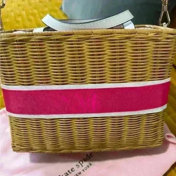 Kate Spade Basket Wicker Handbag with handmade needlepoint heart and pink ribbon - Picture 3 of 11